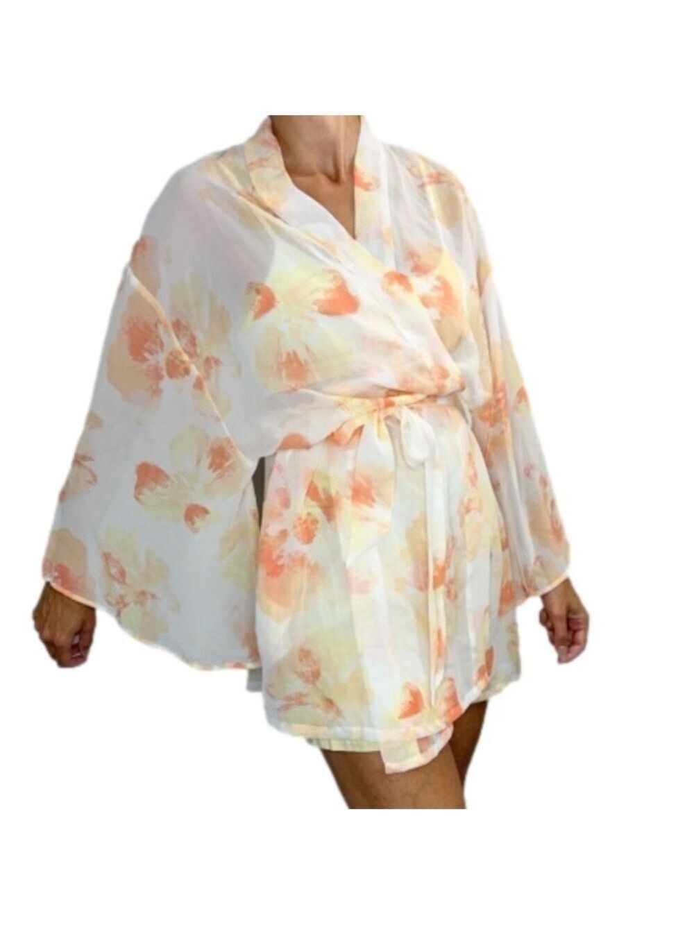 La Vie En Rose white peach yellow floral chiffon kimono jacket robe L XL